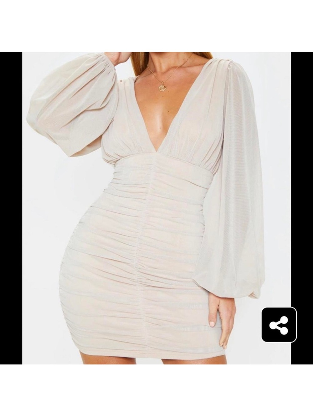 PrettyLittleThing Stone Mesh Ruched Baloon Sleeve Bodycon Dress